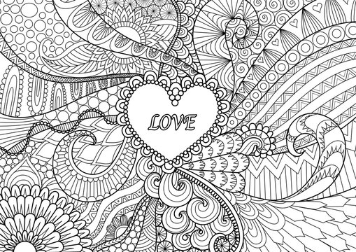 Heart on flowers for coloring books for adult or valentines card