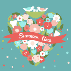 Spring time illustration with flowers and pigeons