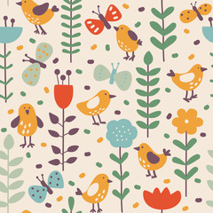 Seamless pattern with cute chicks and flowers