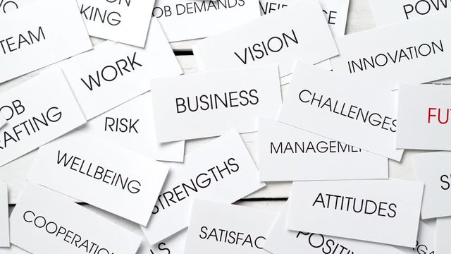 Business related concepts in a tag cloud on cards with one text in red: future. Success plan for a company. Dolly shot.