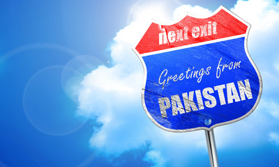 Greetings from pakistan, 3D rendering, blue street sign