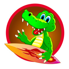 Crocodile surfer.Cartoon surfer crocodile. Crocodile with a board for surf. Icon surfer crocodile.