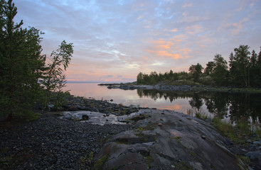 Sunset on lake Ladoga. Hiking in the lake Ladoga skerries the summer of 2017.