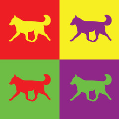 Four colored dogs running huskies on colorful background.