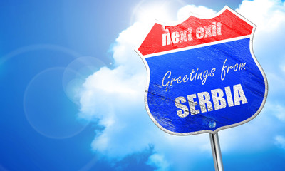 Greetings from serbia, 3D rendering, blue street sign