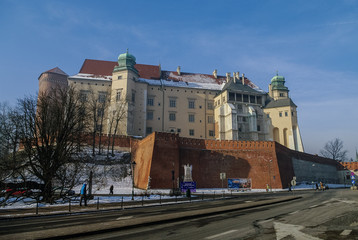 Wawel royal castle in winter morning. Krakow, Poland