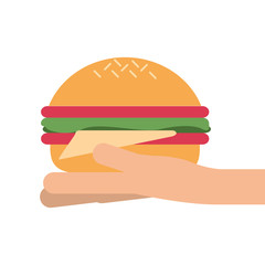 flat design hand holding single hamburger icon vector illustration