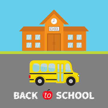 Back to school banner set. School building with clock and windows. City construction. Yellow school bus kids on the road. Side view. Cartoon education clipart collection. Flat design.