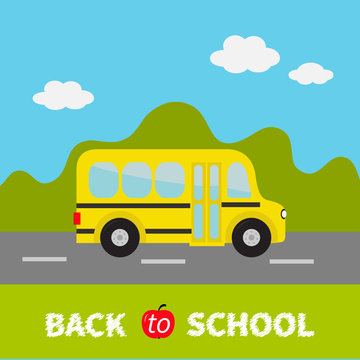 Yellow school bus kids. Green grass and road. Cartoon clipart. Transportation. Full face view. Baby collection. Back to school. Greeting card. Flat design. Cute nature background with sky clouds.