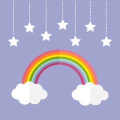 Rainbow and two white clouds. Colorful stars hanging on dash line rope. LGBT sign symbol. Flat design. Violet background.