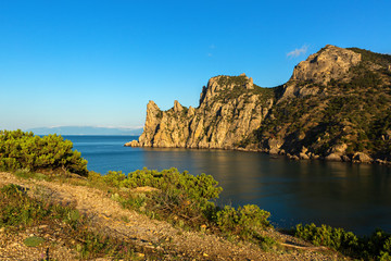 View of Blue bay and mount Karaul-Oba. Mountains in Crimea at Black sea.