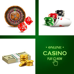 Casino set with realistic cards, dice, roulette and money.
