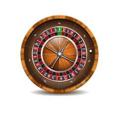 Casino wooden roulette wheel isolated on a white background.