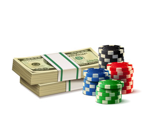 Casino chips and stacks of dollars isolated on a white background.