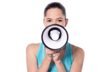Fototapeta premium Fitness woman using a loudhailer