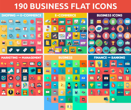 190 Vector Set of Business Flat Icon | Include Business, Finance, Banking, Marketing, Management, Shopping and E-Commerce.