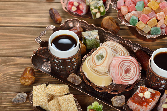 Turkish coffee and various sweets