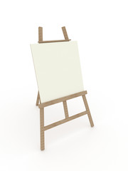 3d illusration wooden easel artist with a blank sheet of paper isolated on white background.