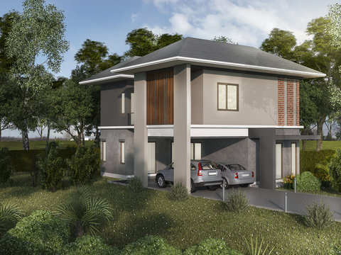 3d rendering beautiful exterior twin house