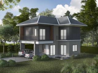 3d rendering beautiful exterior grey house