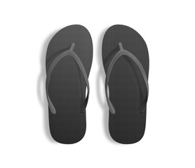 Pair of blank black beach slippers, design mockup, clipping path, 3d illustration. Home plain flops mock up template top view. Clear bath sandal display. Bed shoes accessory footwear. Rubber flipflops