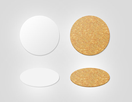 Blank white and cork textured beer coasters mockup, clipping path, 3d illustration. Round clear mug mat design mock up top view. Circle cup rug display, 2 side set, isolated. Bottle plain coaster