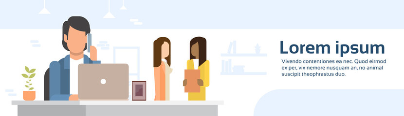 Business Man Using Laptop Speak Cell Smart Phone Office