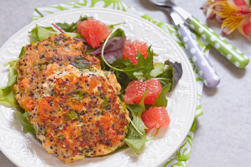 Healthy salmon quinoa kale burger