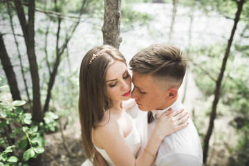 Kissing wedding couple staying over beautiful landscape