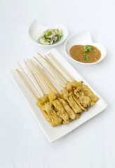 Pork satay with peanut sauce and cucumber salsa, Thai style