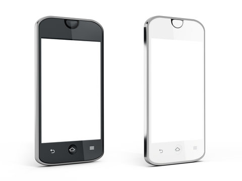 Black and white smartphones with reflection isolated on white background. 3D illustration