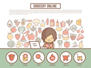 grocery online shopping banner background  cute outline cartoon