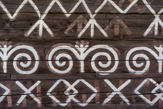Close view of decoration of log houses used in village of Cicmany, UNESCO World Heritage Site, Slovakia