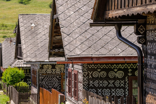 Small village of Cicmany, UNESCO World Heritage Site, Slovakia. Known for traditional decorativelog houses.