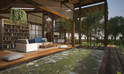 3D rendering contemporary wood living zone with pond