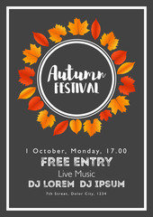 Fall Festival template. Bright colourful autumn leaves on vertical background. Template for holidays, concerts and parties. Autumn theme