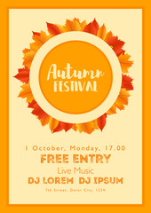 Fall Festival template. Bright colourful autumn leaves on vertical background. Template for holidays, concerts and parties. Autumn theme