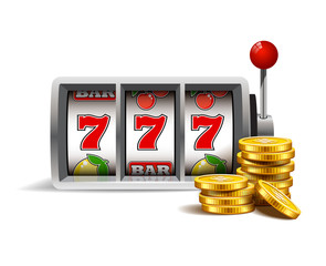 Slot machine with lucky seven and golden coins isolated on a white background.