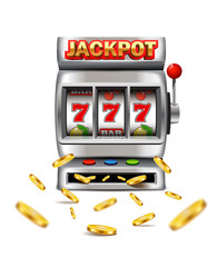 Slot machine with lucky seven and flying golden coins isolated on a white background.