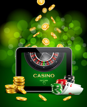 Casino background with tablet, golden coins, cards, roulette and chips.