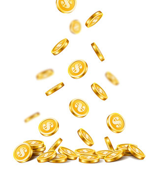 Background with falling golden coins isolated on a white background.