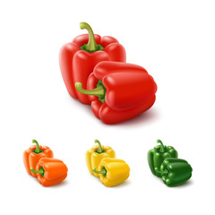 Vector Set of Colored Yellow Green Orange and Red Sweet Bulgarian Bell Peppers, Paprika Isolated on White Background