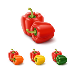 Vector Set of Colored Yellow Green Orange and Red Sweet Bulgarian Bell Peppers, Paprika Isolated on White Background