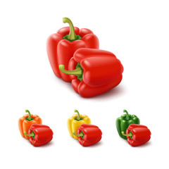 Vector Set of Colored Yellow Green Orange and Red Sweet Bulgarian Bell Peppers, Paprika Isolated on White Background