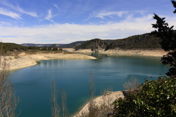 Lake with blue sky and white clouds, Buendia, cuenca, Spain