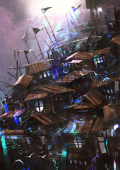 Obraz premium fantasy ancient wooden castle,digital painting