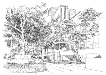 sketch of city landscape,bench in the park under trees