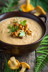 chanterelle cream soup on wooden background