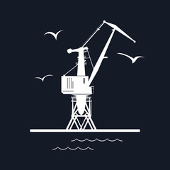 Marine Dockside Crane, Port Cargo Crane Isolated on Black Background, Vector Illustration