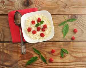 curd with fresh raspberries - Breakfast in a rustic style